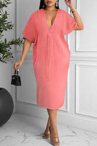 Pink Casual Solid Patchwork V Neck Straight Dresses