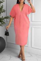 Roze casual effen patchwork rechte jurken met V-hals