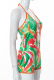 Green Sexy Print Hollowed Out Halter Skinny Rompers