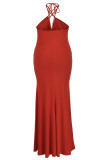 Lila Mode Sexig Plus Size Solid urholkad rygglös Spaghetti Strap lång klänning