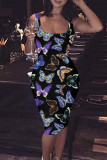 Цветное модное повседневное платье с принтом бабочки, базовое платье с U-образным вырезом и жилетом