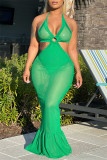 Grüne Mode Sexy Solid Bandage Durchsichtiges rückenfreies ärmelloses Kleid mit Halter