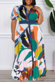 Цветной повседневный принт в стиле пэчворк Пряжка с отложным воротником Прямые платья больших размеров