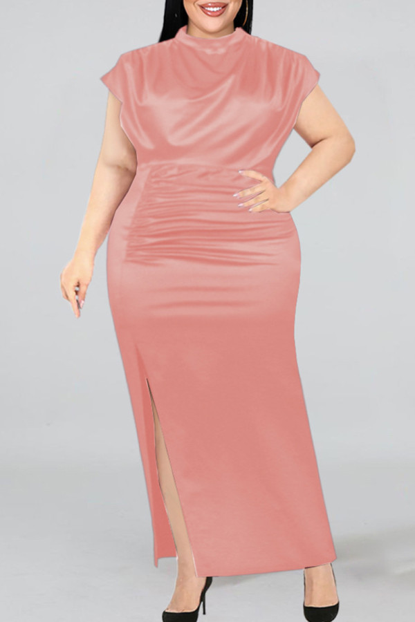 ピンクのファッションカジュアルプラスサイズソリッドスリットフォールドハーフタートルネックイブニングドレス