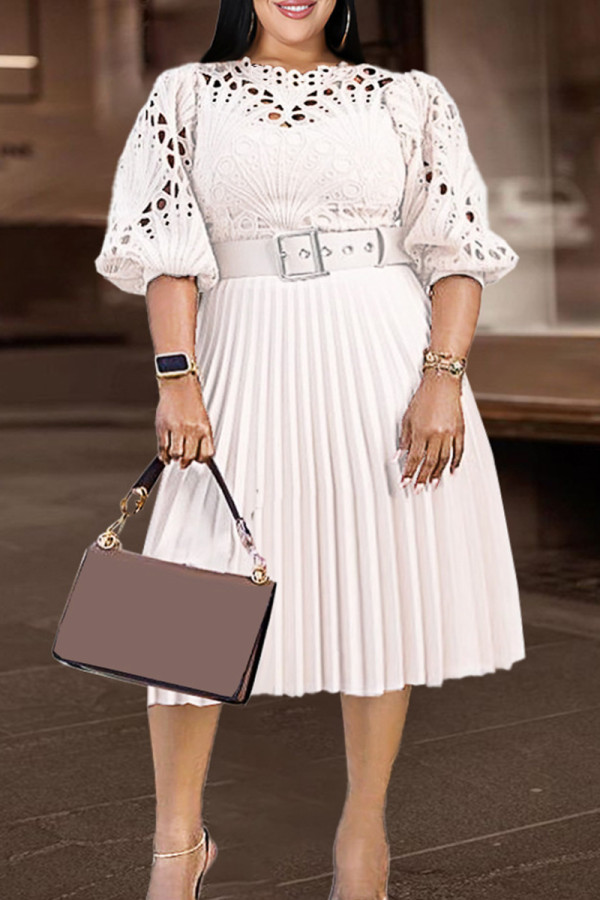 White Fashion Casual Solid Hollowed Out Patchwork O Neck Pleated Plus Size Dresses (Without Belt)