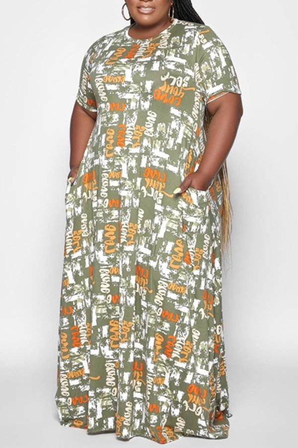 Vert armée décontracté imprimé patchwork col rond robes droites grande taille