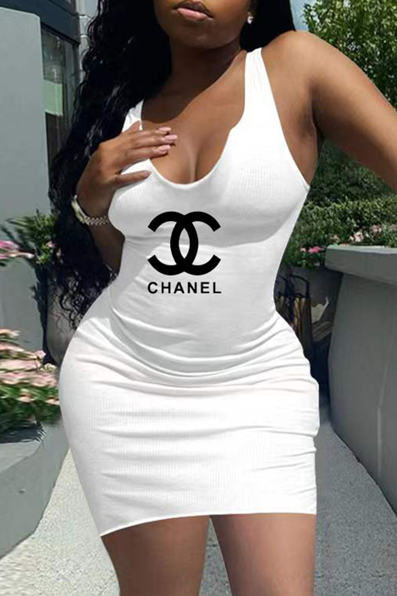 

White Fashion Sexy Print Letter V Neck One Step Skirt Dresses