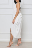 Witte sexy effen patchwork backless split vouw asymmetrische O-hals rechte jurken