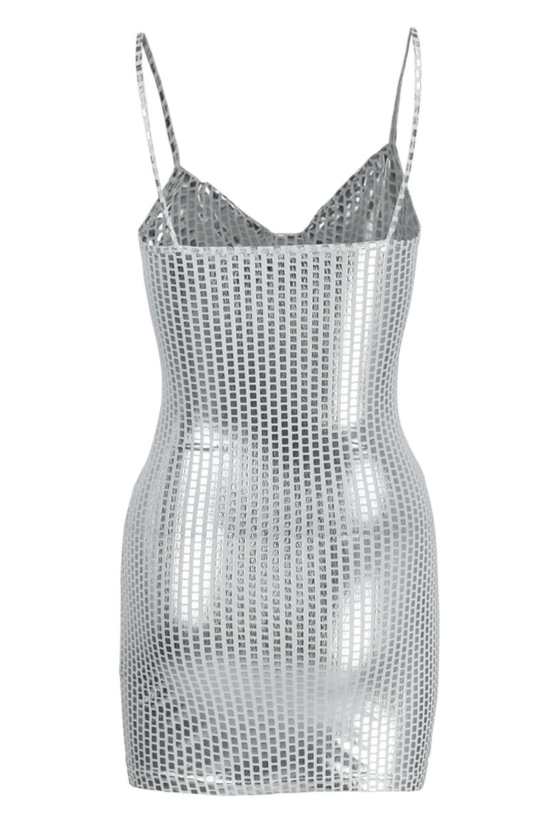 Wholesale Silver Fashion Sexy Patchwork Backless Spaghetti Strap Sleeveless Dress WS60839-2