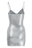 Silber Mode Sexy Patchwork Rückenfreies Spaghettiträger Ärmelloses Kleid