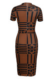Brown Fashion Casual Print With Belt Turtleneck Short Sleeve Dress Dresses
