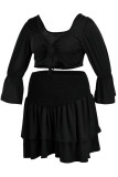 Black Fashion Sexy Solid Bandage V Neck Plus Size Two Pieces