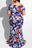 Blue Casual Print Patchwork Off the Shoulder Straight Plus Size Dresses