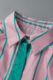 Pink Fashion Striped Print With Belt Turndown Collar Shirt Dress
