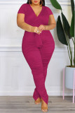 Rose Red Casual Solid Bandage Patchwork Fold V Neck Plus Size Two Pieces