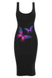 Blue Fashion Casual Butterfly Print Basic U Neck Vest Dress