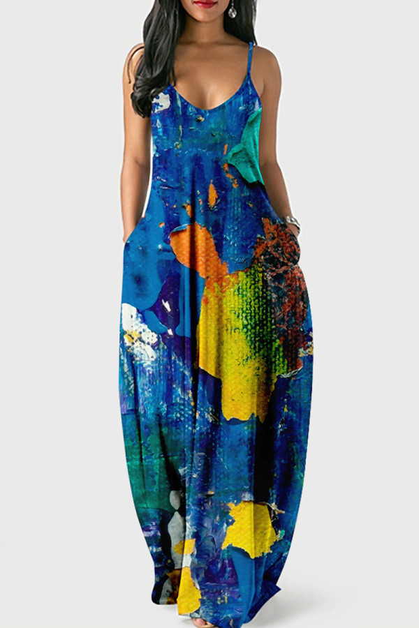 Kleurrijke blauwe casual print patchwork sling-jurk met U-hals