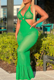 グリーンファッションセクシーなソリッド包帯シースルーバックレスホルターノースリーブドレス
