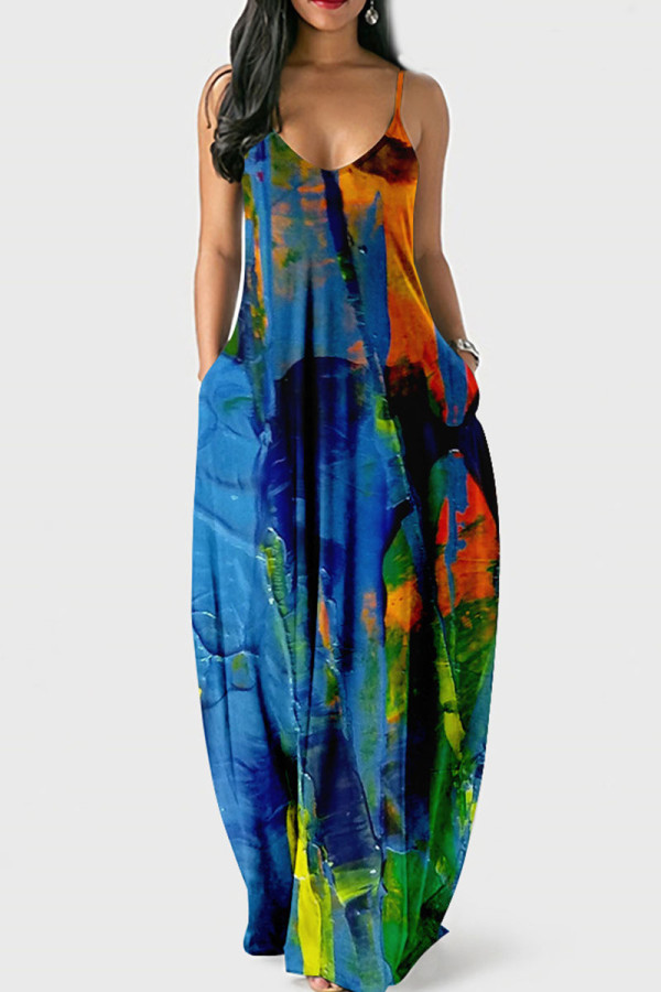 Blauwe casual print patchwork sling-jurk met U-hals