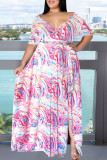 Vestidos coloridos com estampa casual patchwork decote em v reto plus size
