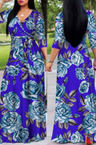Синие повседневные платья с принтом в стиле пэчворк и V-образным вырезом
