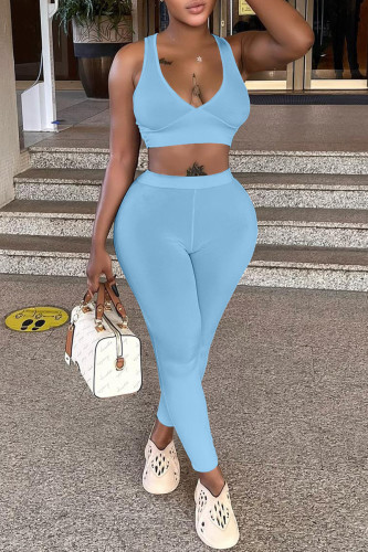 Light Blue Sexy Casual Sportswear Solid Vests Pants V Neck Sleeveless Two Pieces