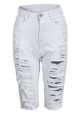 Moda branca casual sólido rasgado cintura alta shorts jeans skinny