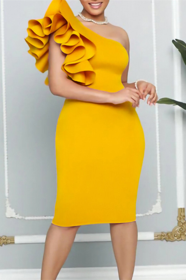 Vestido de noche de cuello oblicuo sin espalda de patchwork sólido sexy de moda amarillo