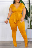 Yellow Casual Solid Bandage Patchwork Fold V Neck Plus Size Two Pieces
