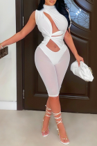 White Fashion Solid Mesh Half A Turtleneck Skinny Rompers
