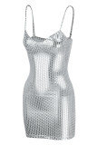 Khaki Fashion Sexy Patchwork Backless Spaghetti Strap Sleeveless Dress