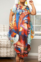 Colour Casual Print Patchwork O Neck Plus Size Dresses