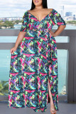 Vestidos coloridos com estampa casual patchwork decote em v reto plus size