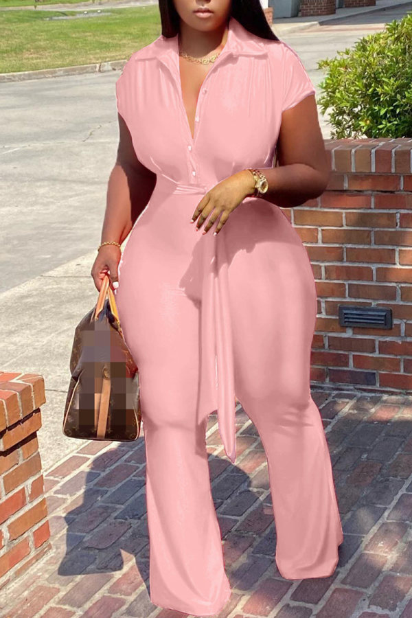 Pink Fashion Casual Solid Patchwork Turndown Collar Plus Size Jumpsuits
