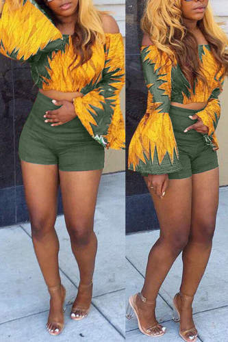 Army Green Casual Print Patchwork Off the Shoulder Long Sleeve Two Pieces