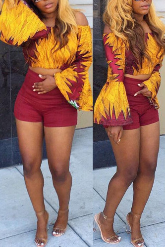 Red Casual Print Patchwork Off the Shoulder Long Sleeve Two Pieces