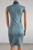Blue Fashion Casual Print Patchwork Rollkragenpullover ärmelloses Kleid