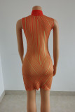 オレンジファッションカジュアルプリントパッチワークタートルネックノースリーブドレス