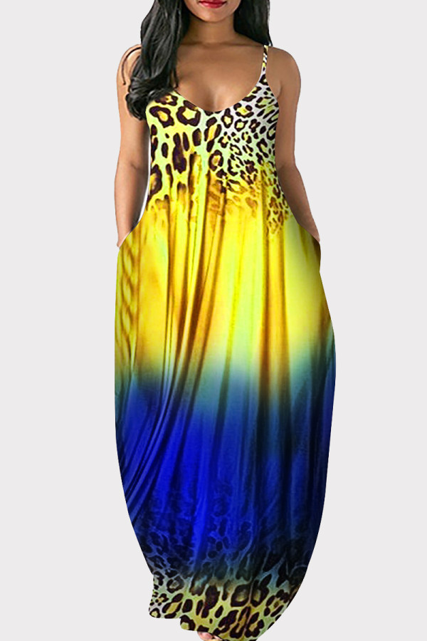 Vestido largo correa de espagueti sin espalda con estampado de leopardo de cambio gradual de talla grande casual de moda amarillo azul