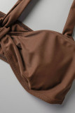 Costumi da bagno con piega a cordoncino con disegno patchwork in tinta unita sexy marrone