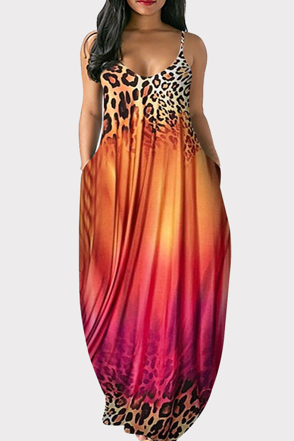 Rot Orange Mode Lässig Übergröße Allmähliche Änderung Leopardenmuster Rückenfrei Spaghettiträger Langes Kleid