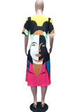 Multicolor Mode Casual Print Basic O-hals kortärmad klänning