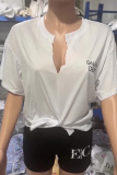 Camisetas brancas sexy com estampa vazada letra V decote