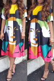 Multicolor Mode Casual Print Basic O-hals kortärmad klänning