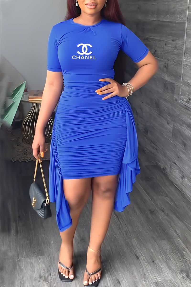 

Royal Blue Fashion Casual Print Asymmetrical O Neck One Step Skirt Dresses