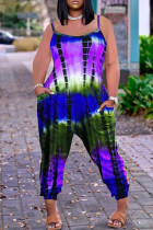 パープルファッションカジュアルプリント刺繡バックレススパゲッティストラップレギュラージャンプスーツ