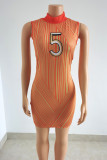Orange Fashion Casual Print Patchwork Rollkragenpullover ärmelloses Kleid