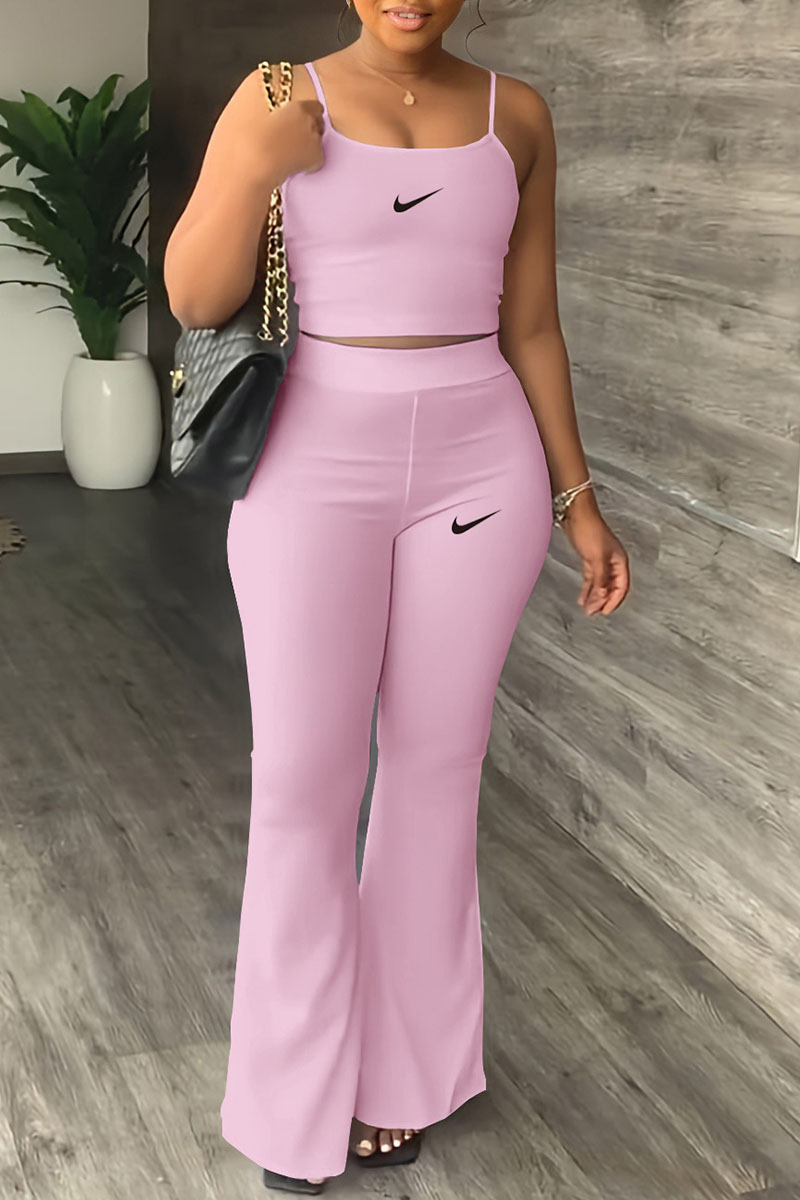 

Pink Fashion Casual Print Patchwork Spaghetti Strap Sleeveless Two Pieces