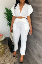 White Casual Solid Patchwork Flounce V Neck Short Sleeve Two Pieces Ruffle Trim Crop Tops And Pants Sets