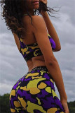 Фиолетовый Сексуальная повседневная спортивная одежда с принтом в стиле пэчворк с круглым вырезом без рукавов из двух частей